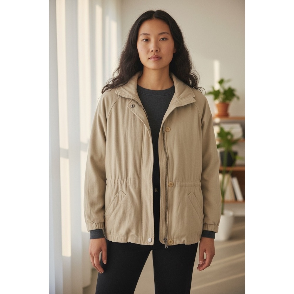 London Fog Womens Utility Jacket Removable Liner Drawstring Waist‎ Beige Preppy